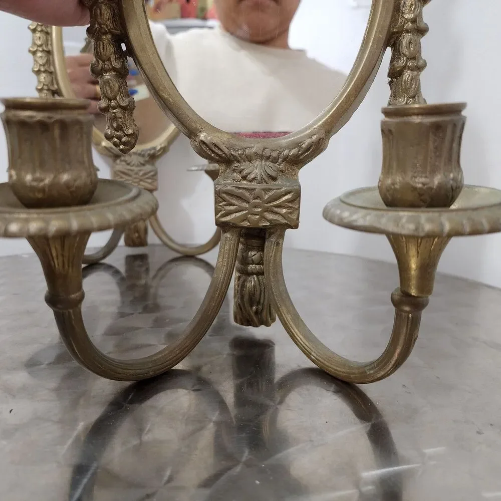 Vtg Maitland-Smith Mirrored Wall Sconces Pair Brass Bronze Vintage Candle Holder